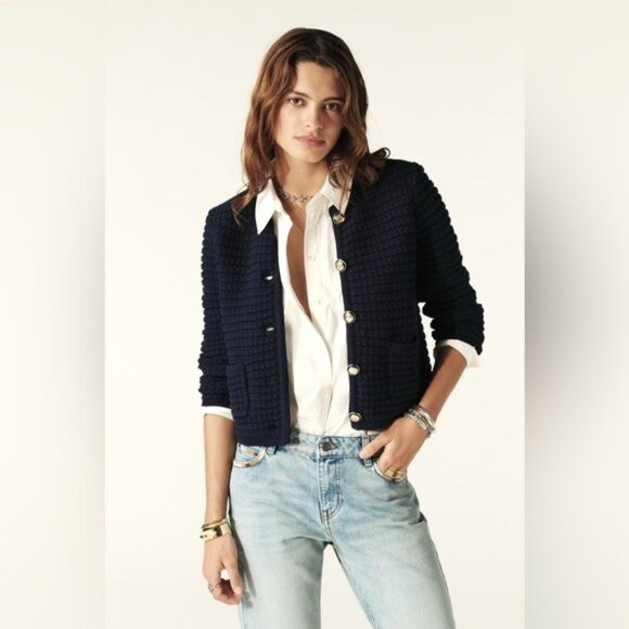 NEW Ba&sh Bash Gaspard Tweed Cardigan Jacket Navy Blue