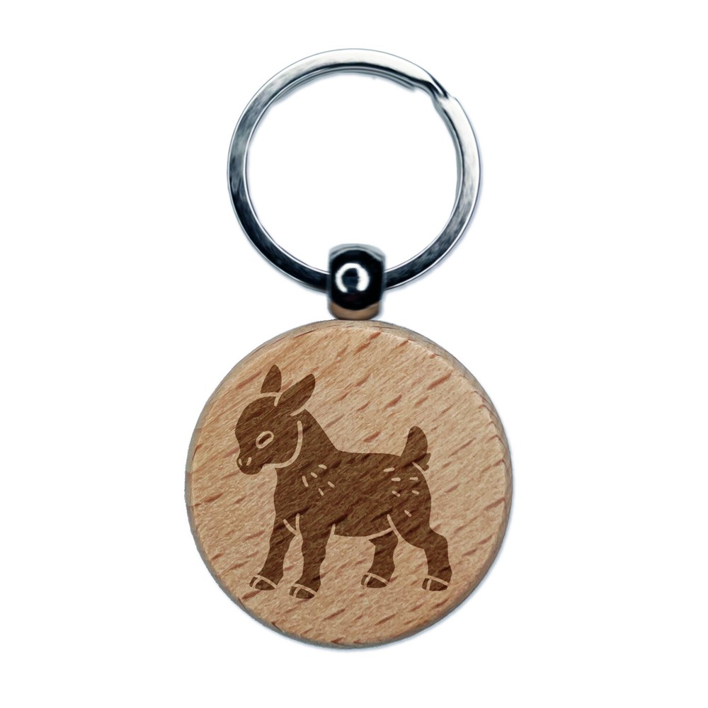 Cute Baby Goat Engraved Wood Round Keychain Tag Charm