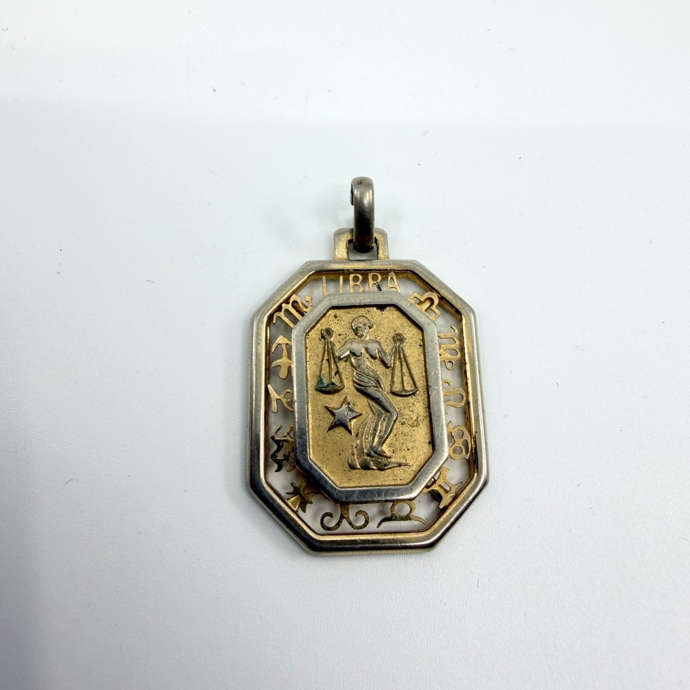 Vintage Retro Gold & Silver Tone Two Tone Octagon Libra Zodiac Astrology Pendant