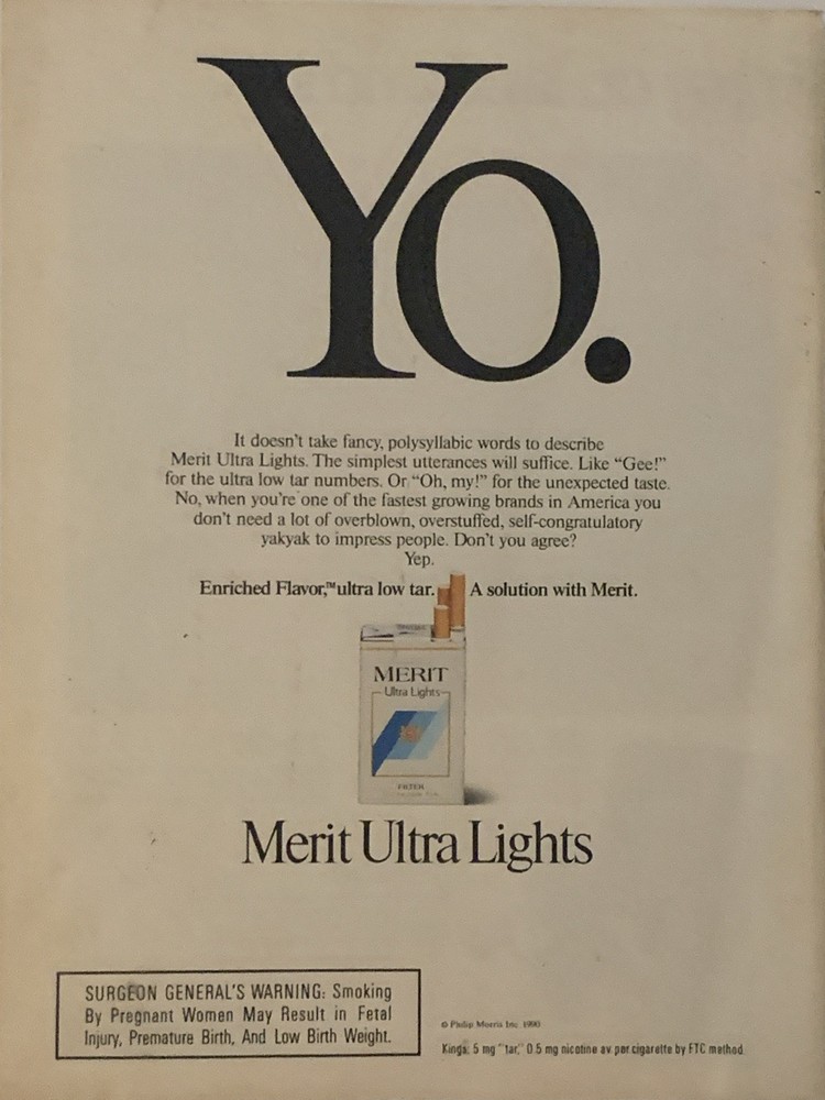 1990 Merit Ultra Lights Cigarettes PRINT AD Yo - No Polysyllabic Words VTG 90s