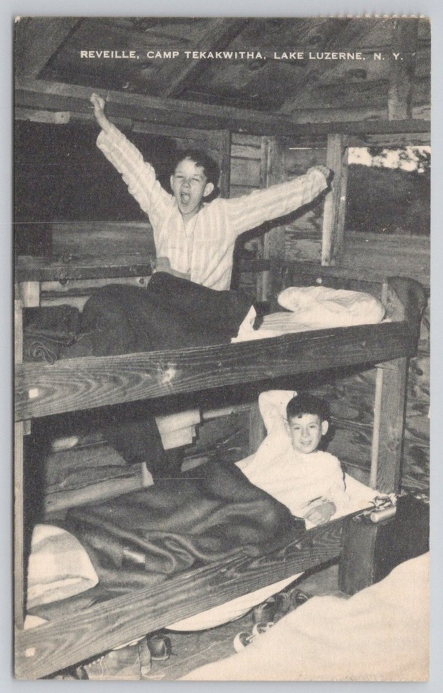 1955 Reveille Camp Tekakwitha Lake Luzerne NY Boys Bunk Beds Postcard RPPC