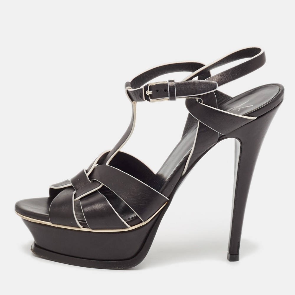 Saint Laurent Black and White Leather Tribute Ankle Strap Sandals Size 37.5