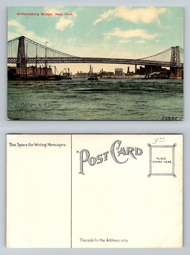 New York City NY, Williamsburg Bridge East River Skyline Vintage Postcard