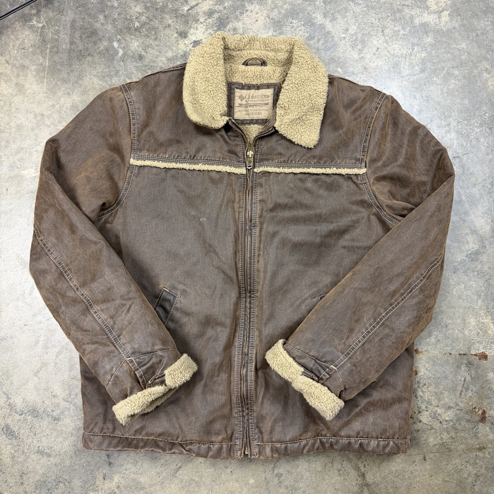Columbia 90’s brown waxed sherpa lined bomber jacket zip collared men's M
