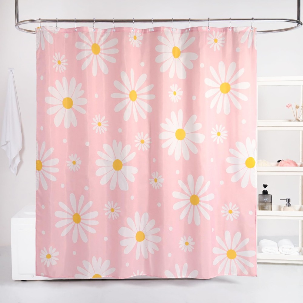 Pink Floral Daisy Fabric Shower Curtain Set Waterproof 12 Hooks 72x78 Inch