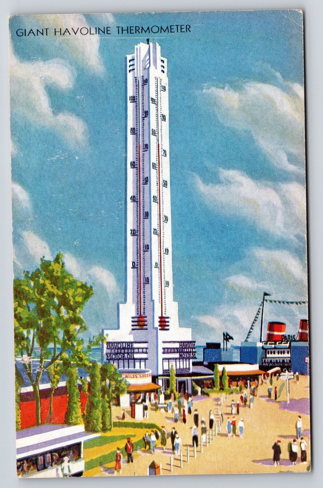 Chicago 1933 World's Fair~Giant Havoline Thermometer~Sign~ART DECO Colortype PC