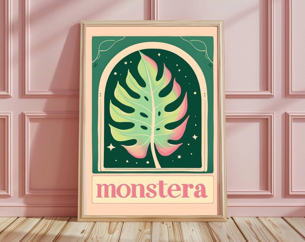 Boho Pink Green Monstera Wall Art Retro Botanical Wall Art Home Decor Cottage