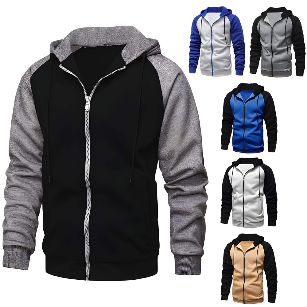 Men's Zip-Up Color Block Hooded Cardigan with Stand Collar