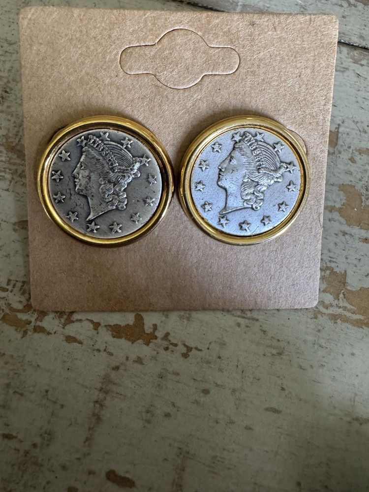 Vintage Coin Liberty Gold/Slvr Tone Earrings Large Studs USA Lady Liberty 1865