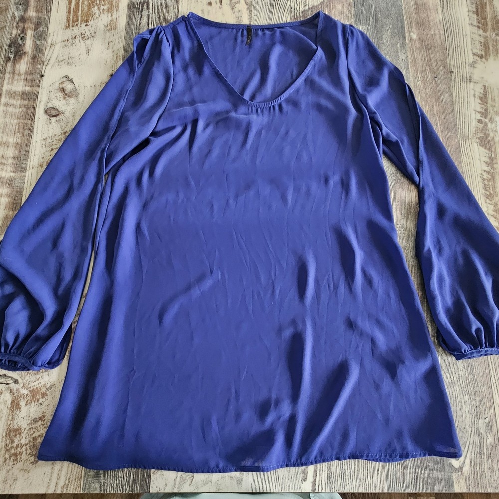 Women's Mon Ami Sheer Royal Blue Blouse Tunic Size Large Cut Out/Cold Shoulder