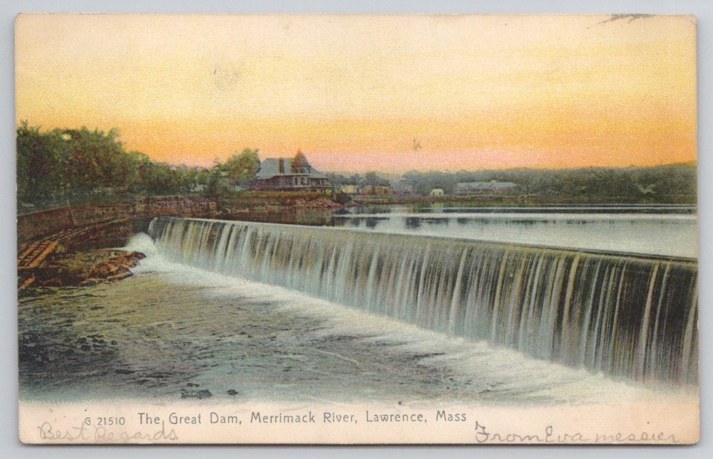 1907 The Great Dam Merrimack River Lawrence MA Postcard Rotograph