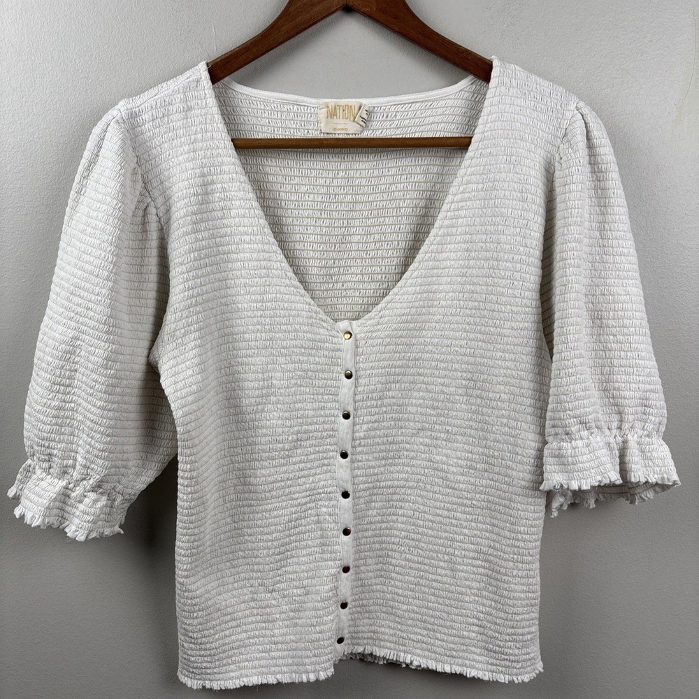 NATION LOS ANGELES LARGE Blouse White Short Sleeve Puff Peasant Ruched Stretch V