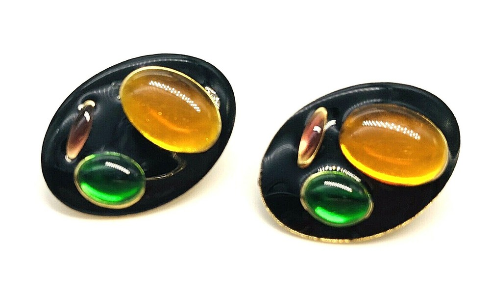 Oval Dimensional Earrings Gold Tone Faux Amber Green Dome Stone Black Matte  VTG