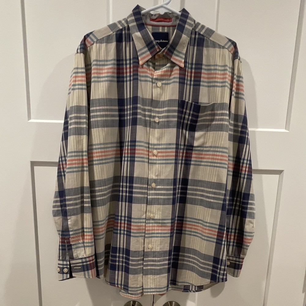 Tommy Bahama Men's L Plaid Long Sleeve Woven Cotton Button-Up Shirt Pockets