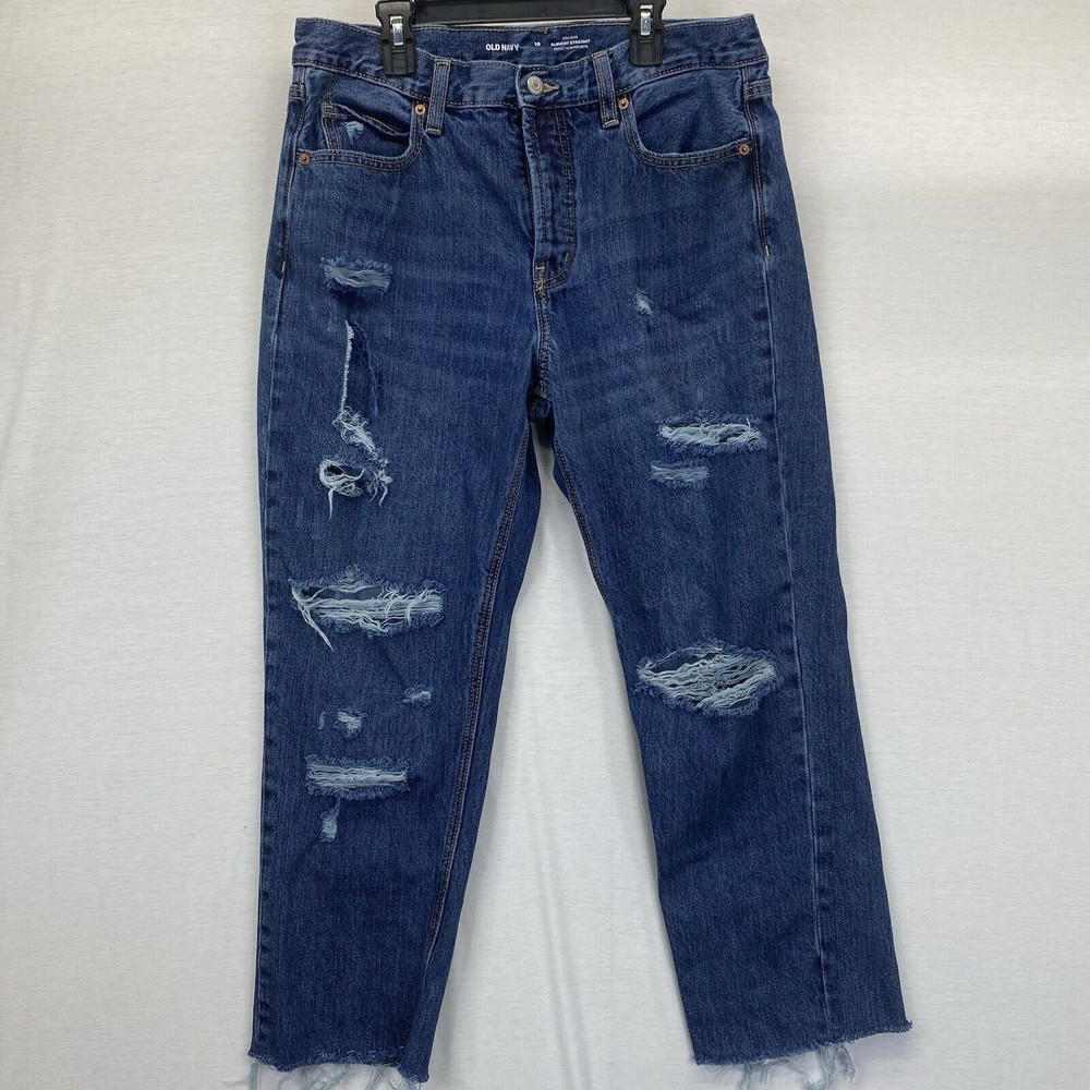 Old Navy Womens Size 10 Blue Slouchy Straight High Rise Distressed Stretch Jeans