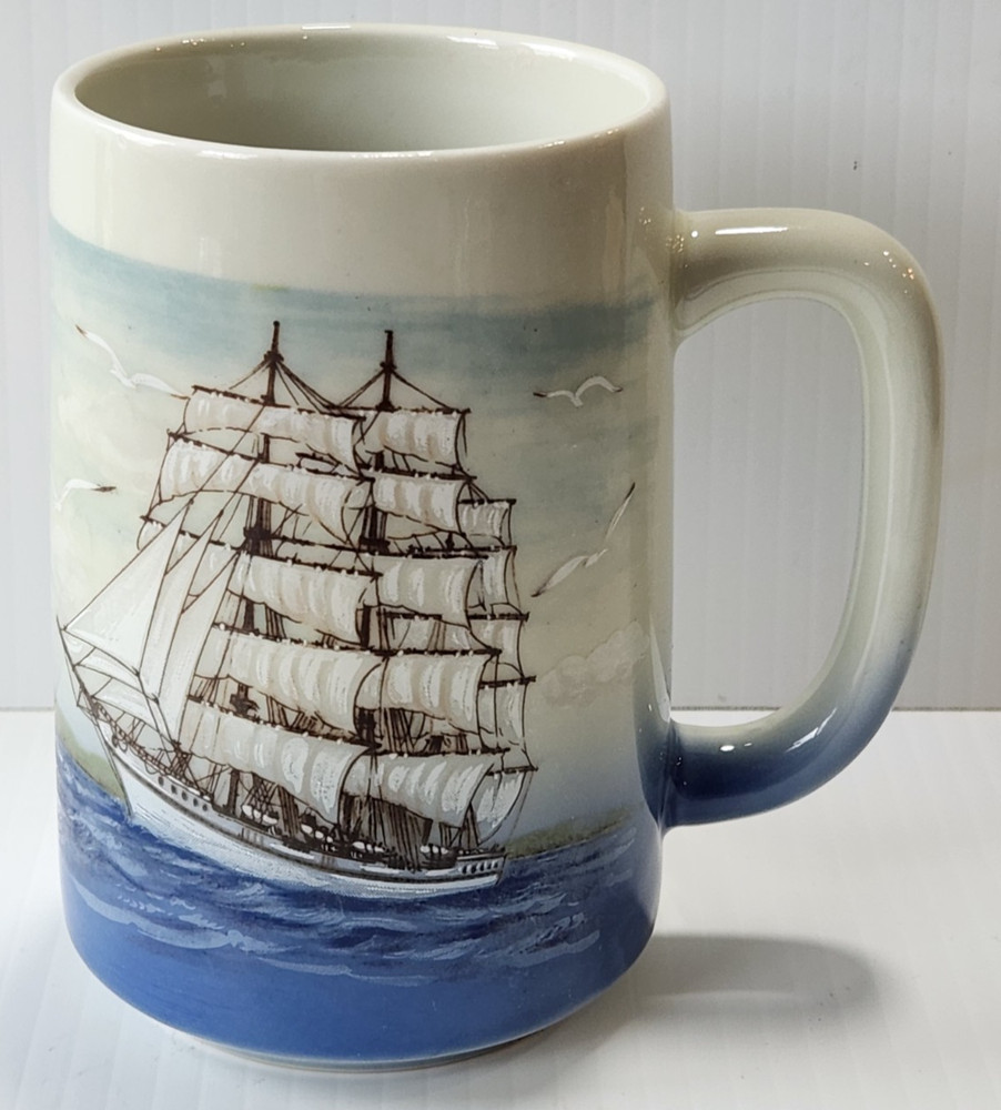 Vintage Otagiri Schooner Ship & Lighthouse Ceramic Porcelain Coffee Mug Cup