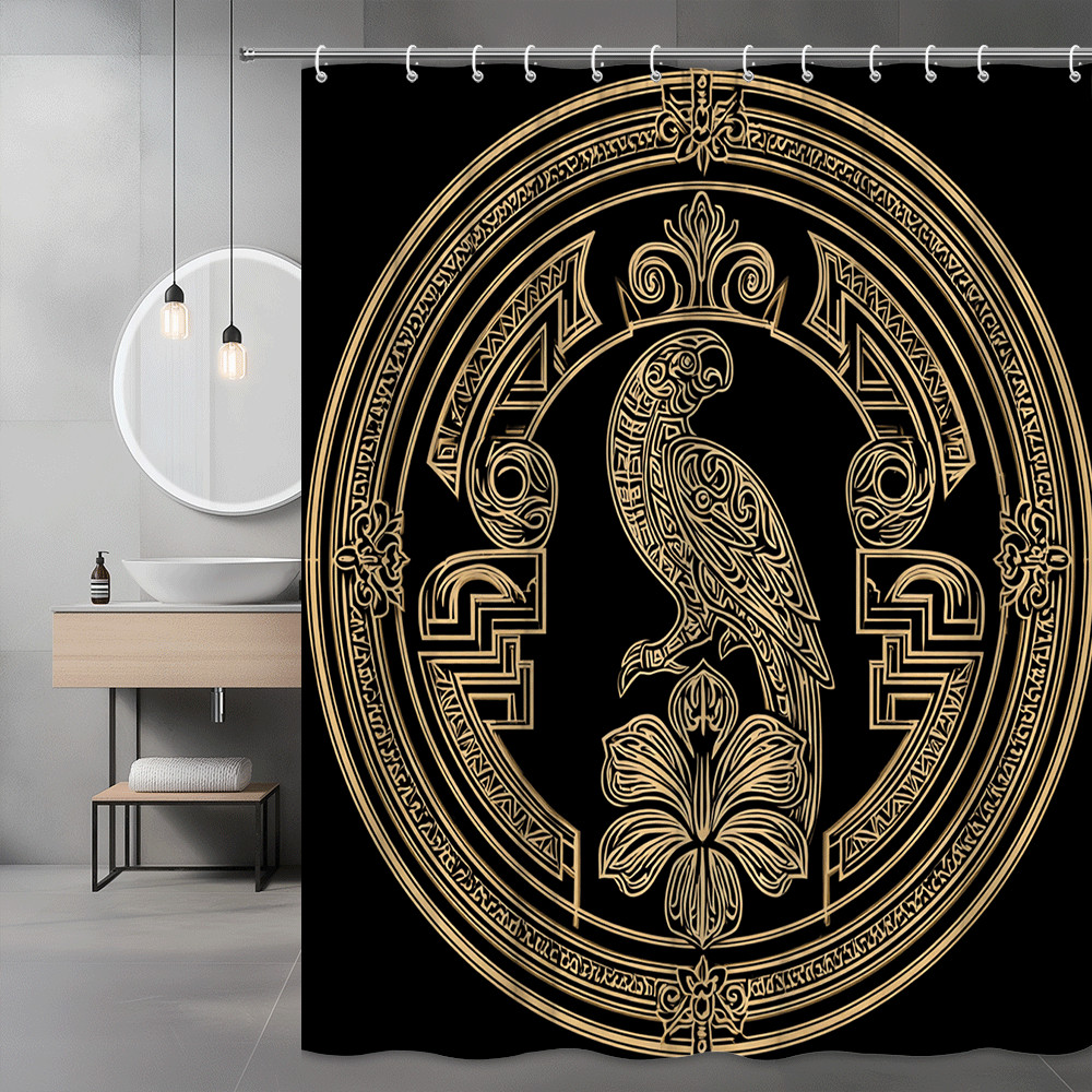 Art Deco Bird Shower Curtain Black Gold Graphic