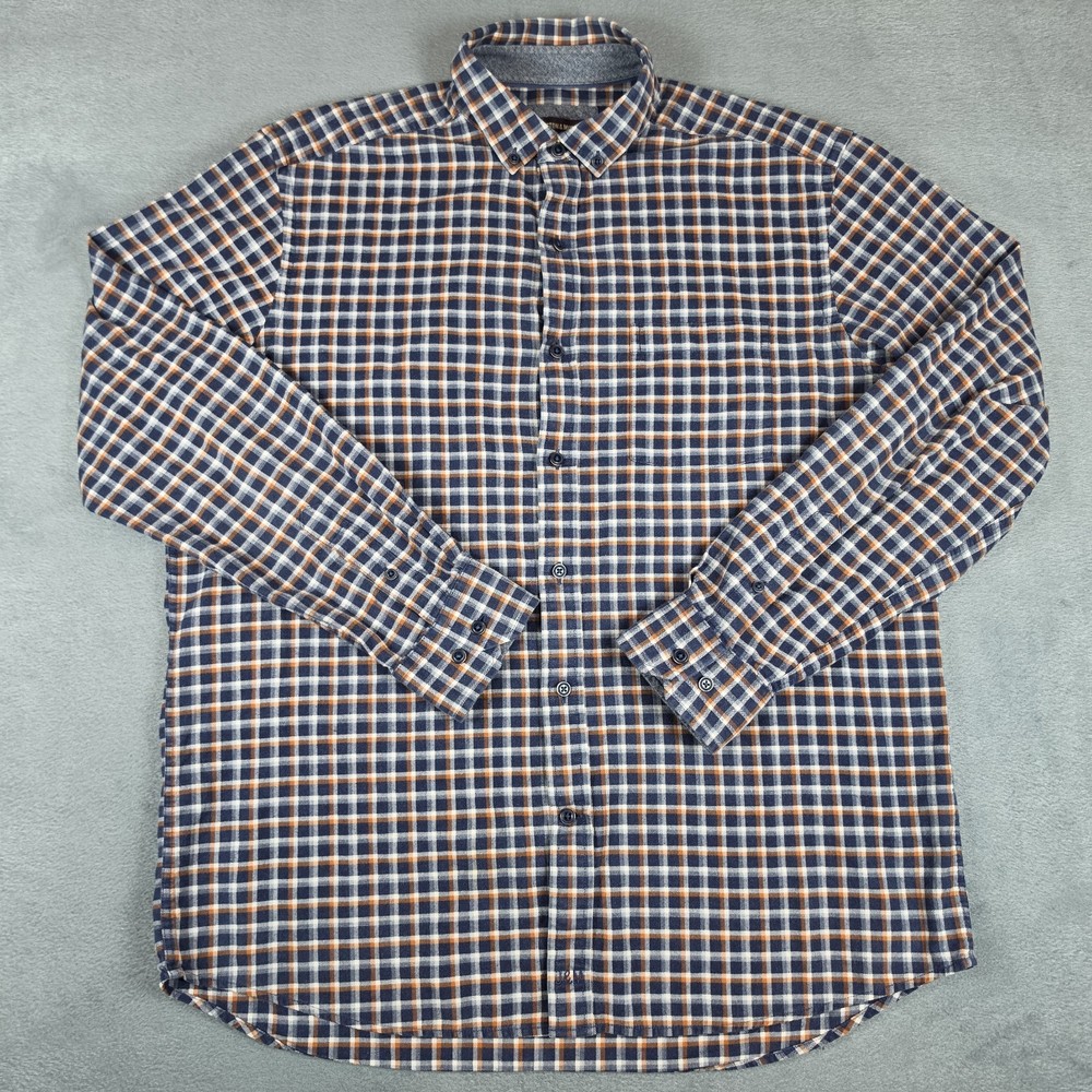 Johnston & Murphy Mens Large Flannel Shirt Blue Orange Plaid Button Front L