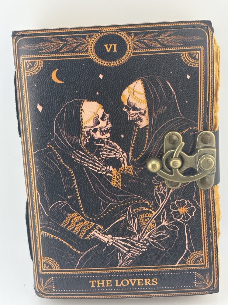 Leather Grimoire Journal with Deckle Edge Paper and Lovers Tarot Skull Design