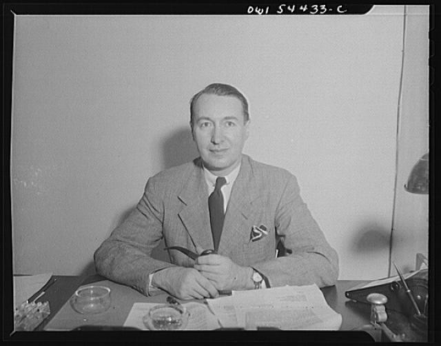 Photo:Man Portrait at Desk 1930s-1940s Smoking Pipe Suit Office