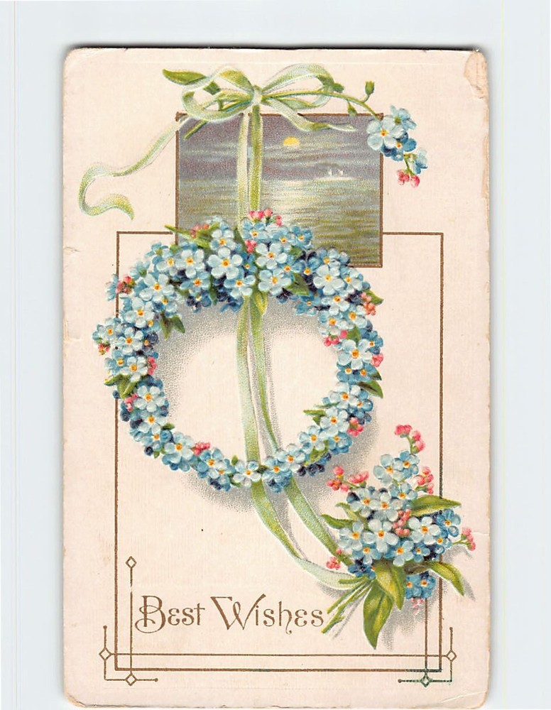 Postcard Best Wishes  Ocean Moonlight Scene Flower Wreath Art Print