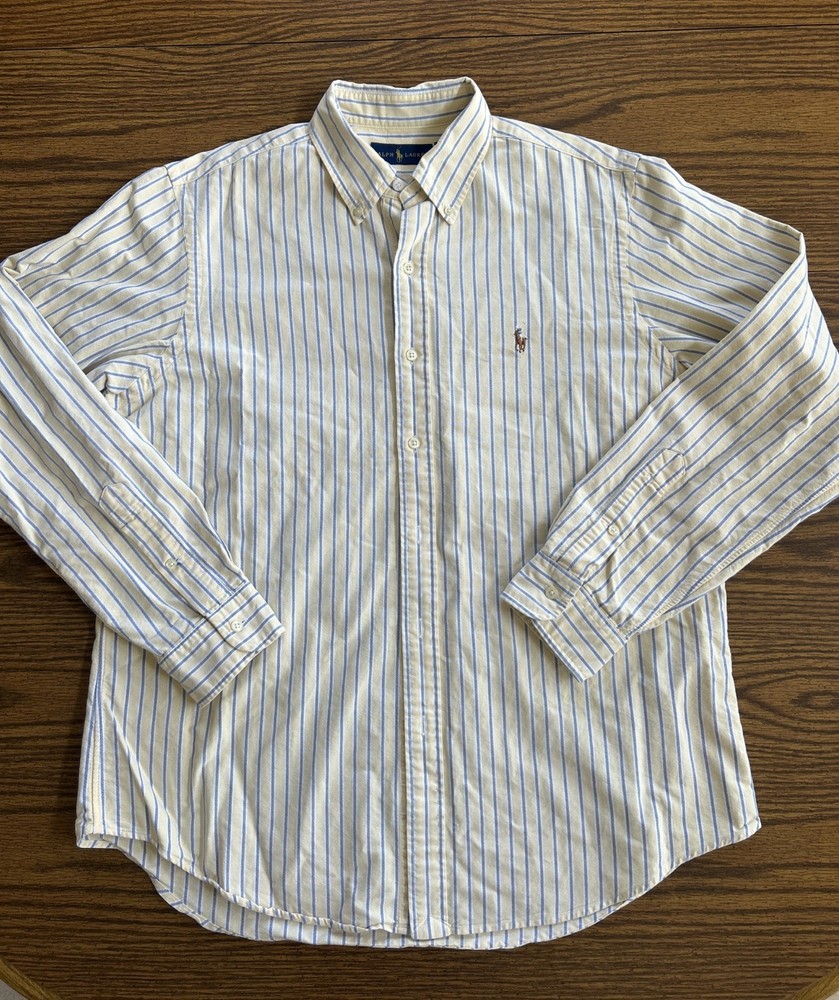 Ralph Lauren Men's Button Up Long Sleeve Shirt Yellow & Blue Stripe Sz L Pony