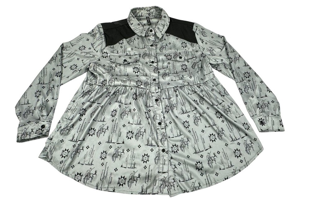 Two 2 Fly Silver & Black Nacona Nights Western Button Up Shirt. Women's - Size L