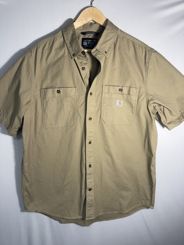 Carhartt Work Shirt Rugged Flex Tan Short Sleeve Button Up Men’s L