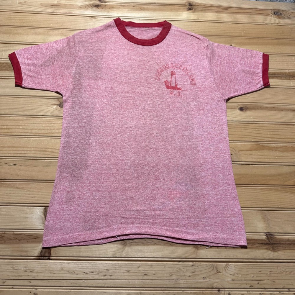 Vintage 70s Long Beach Island New Jersey Lighthouse Heather Ringer Shirt Medium