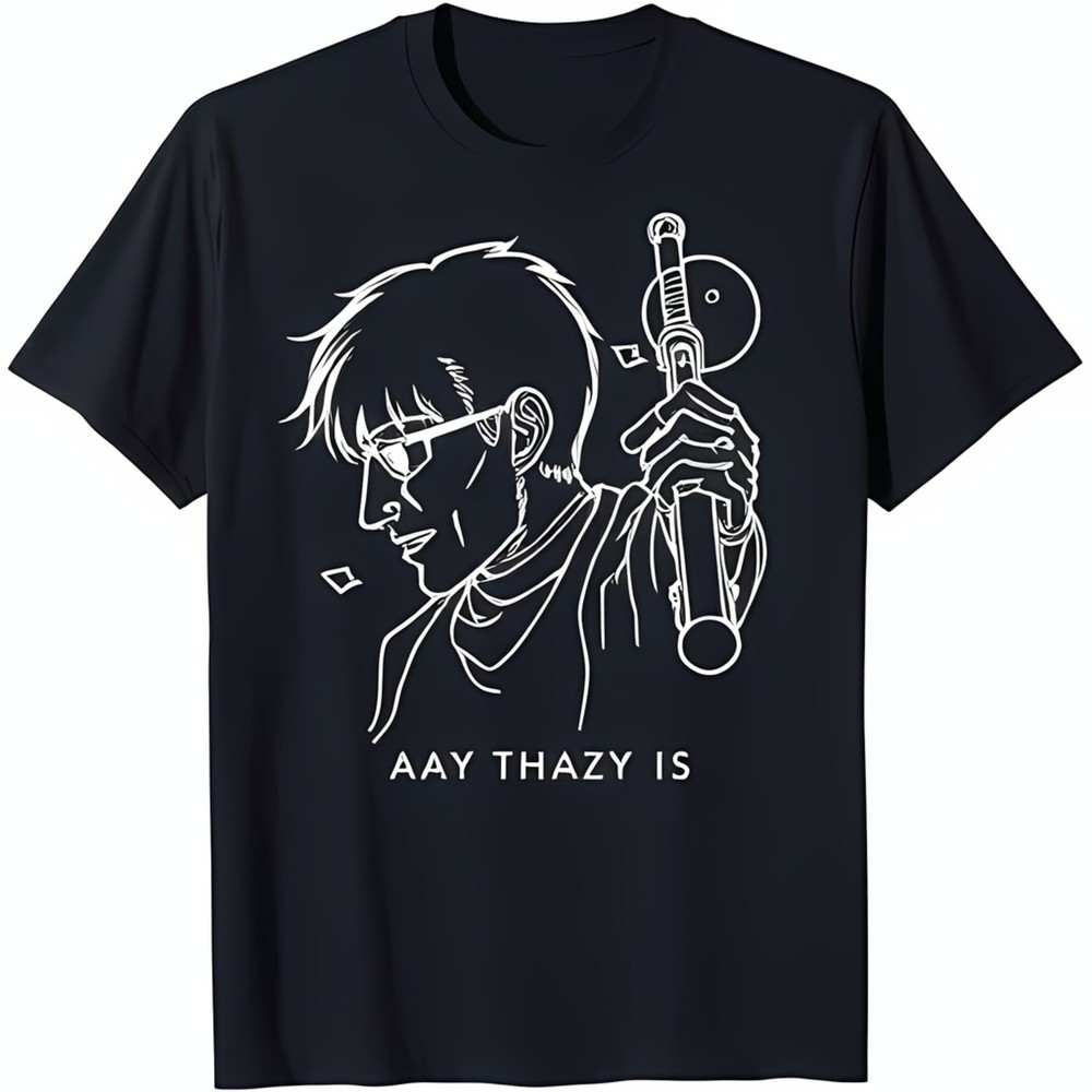 Black T-Shirt with Unique Graphic: Person with Glasses Holding Stick AAY THAZY