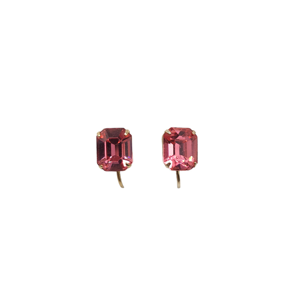 Faceted Pink Glass Rhinestone Earrings Screw Back Closure Gold Tone Vintage