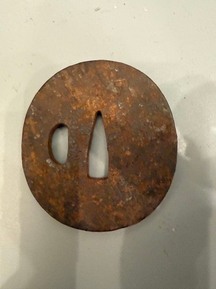 Rusty Iron Tsuba Antique Round Shape Decorative Sword Guard with Cuts