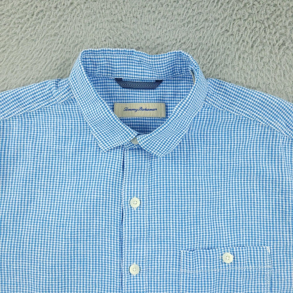 Tommy Bahama Shirt Mens Large Blue Check Linen Short Sleeve Button Front Casual