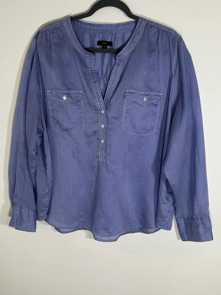 J Crew Popover Top 3X Women's Classic Blue Striped Safari-Inspired Coastal Beach