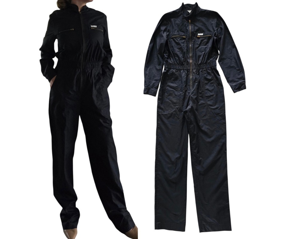 VTG 70s Saint Germain Paris Black Utility Jumpsuit Women L Zip Front Boiler Suit