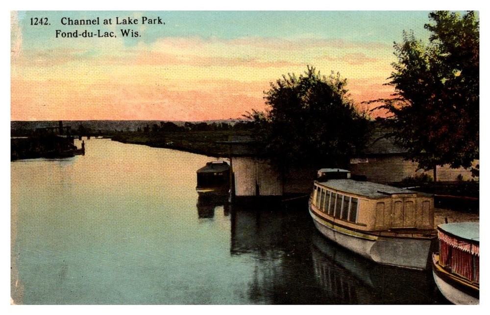 1913 Boats on the Channel At Lake Park Fond du Lac Wisconsin Vintage Postcard