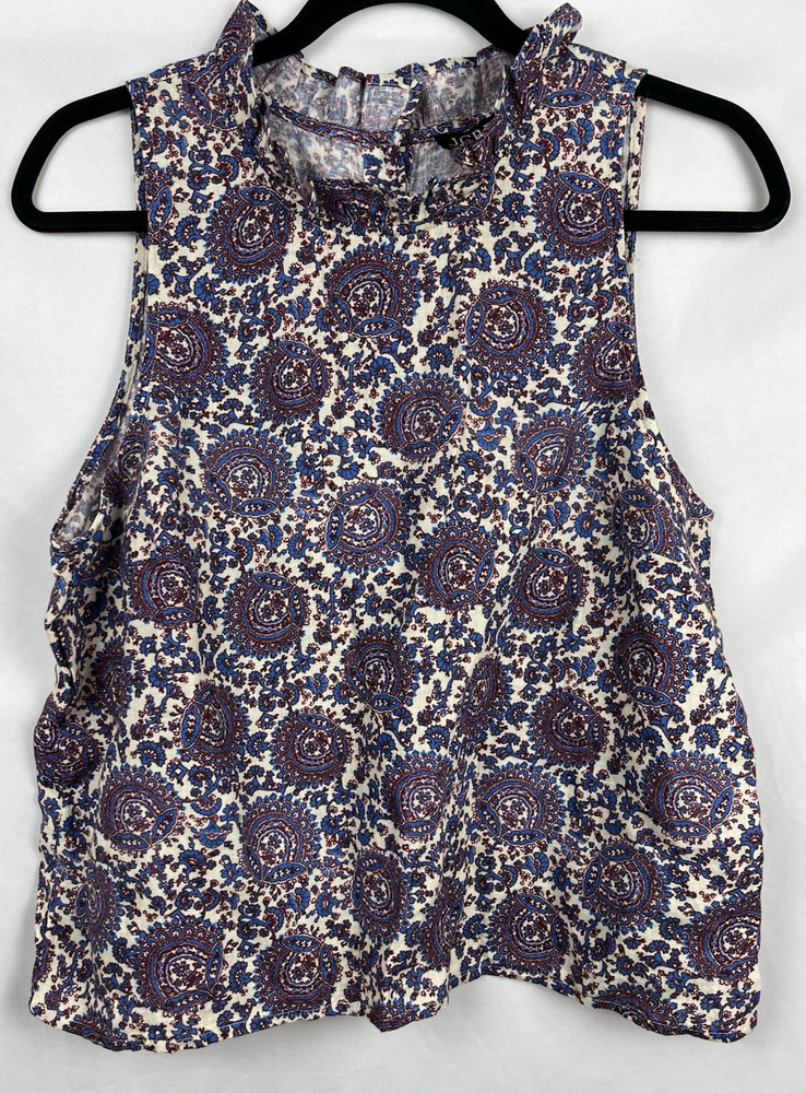 J.Crew Women's 100% Linen Paisley Sleeveless Top - Blue/Red Ruffled Neck Size M