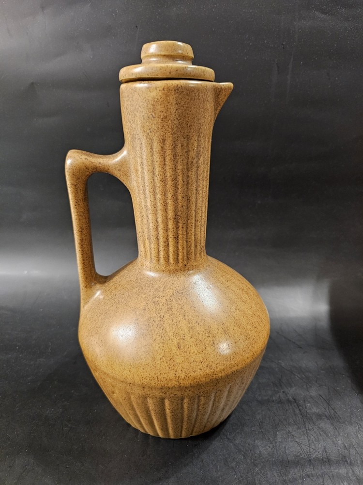 Vintage Brown Monmouth Maple Leaf Stamped Pottery Pitcher or Carafe With Lid USA