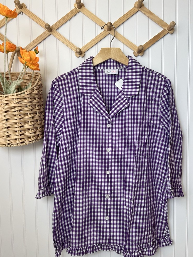 d&co Women's Size Large Purple Gingham Button-Up Blouse Cottagecore