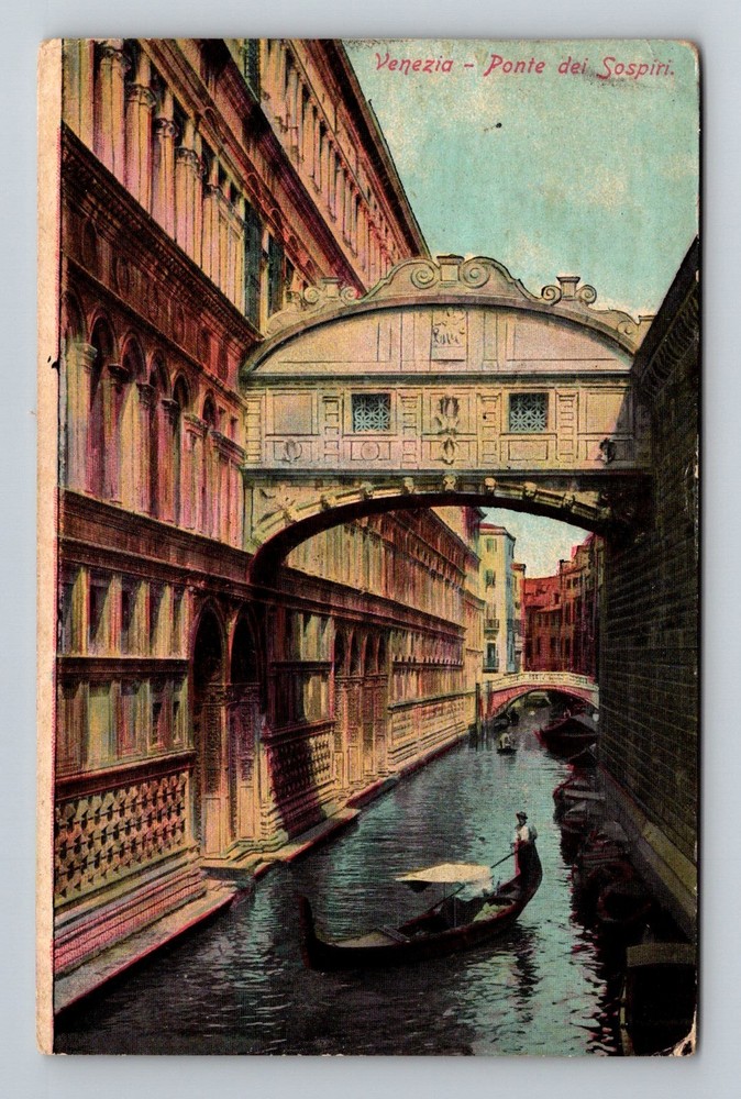 Italy- Venice Bridge Of Sighs Canal Gondola Souvenir Old Vintage c1909 Postcard