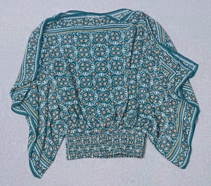 Max Studio Georgette Split Sleeve Poncho Blouse S Blue Smocked Waist Boho Flowy