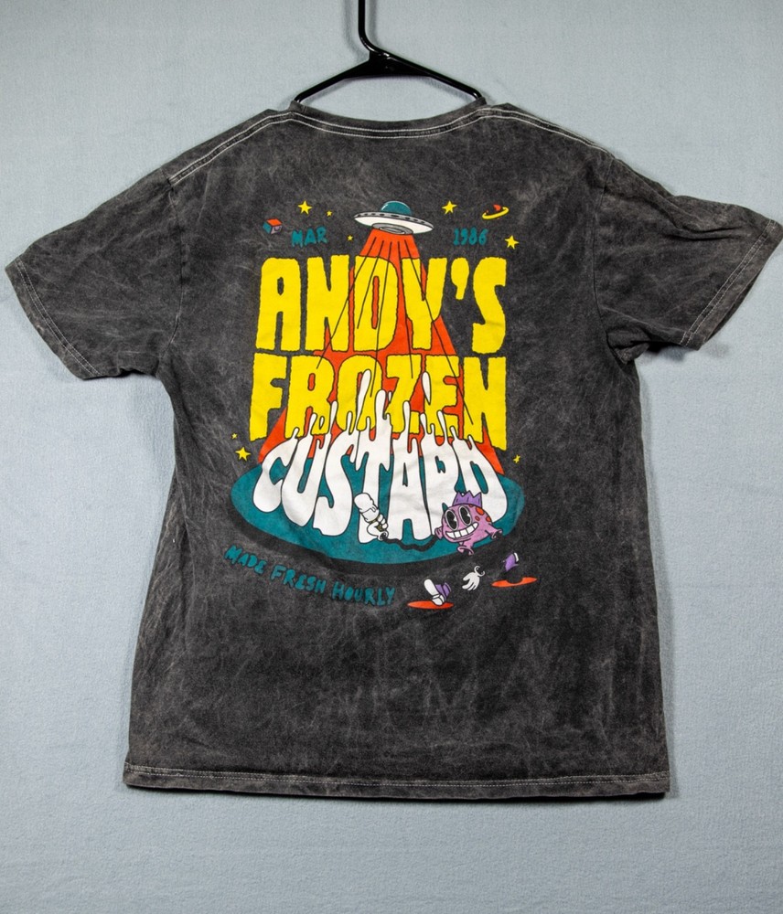 Andy’s Frozen Custard T Shirt Mens Size M Acid Wash Graphic Crew Back Print