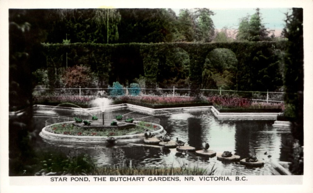 Star Pond Butchart Gardens Victoria BC Canada Gowen Sutton RPPC handcolored