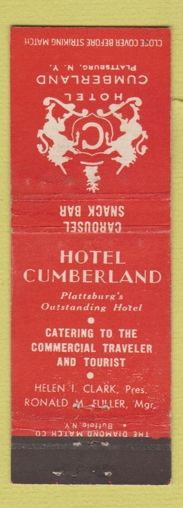 Matchbook Cover - Hotel Cumberland Plattsburg NY