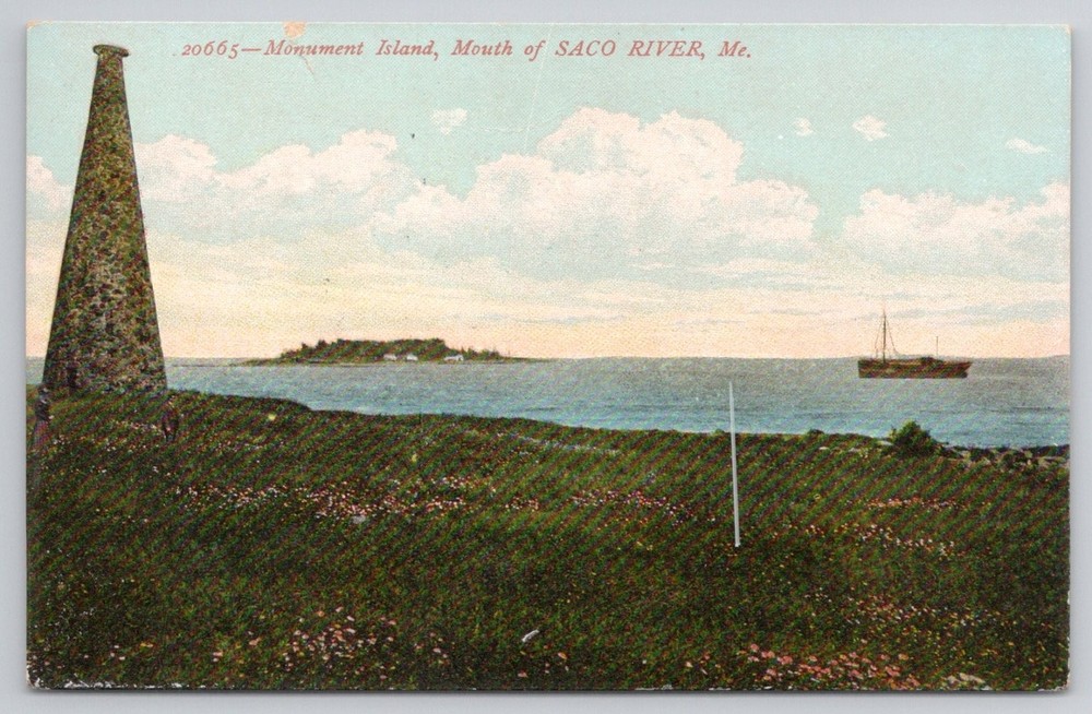 Monument Island Saco River ME Maine Obelisk Boat Vintage Postcard 1910s