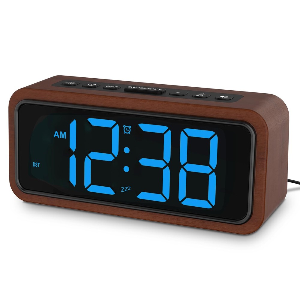 Loud Digital Wooden Alarm Clock with 5 Volume Levels & 12 Ringtones