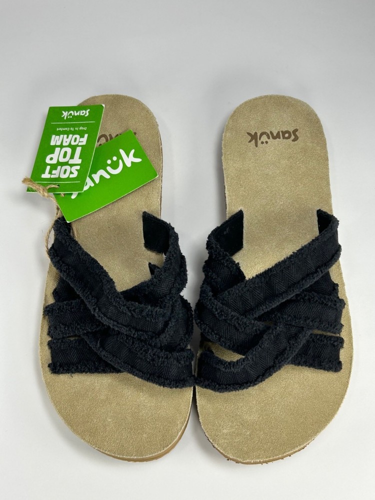 SANUK Fraidy Slide Sandals Sz 6 Black Multistrap Foam Cushion Slip On Comfortable Flip Flops