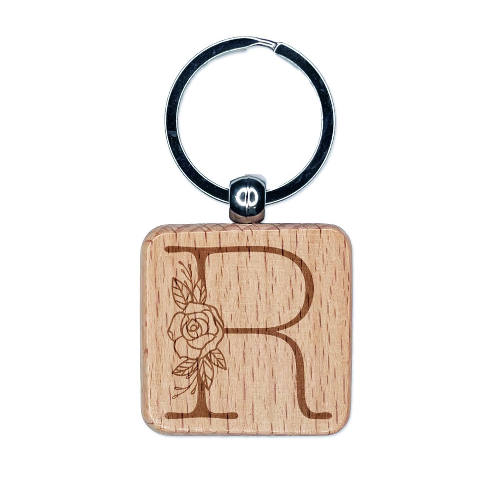 Rose Typewriter Font Wood Keychain with Capital Letter R Engraving
