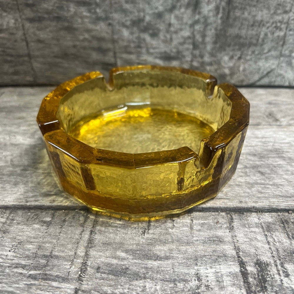 Vintage Amber Glass Ashtray Heavy Octagon Cigarette Cigar Tray
