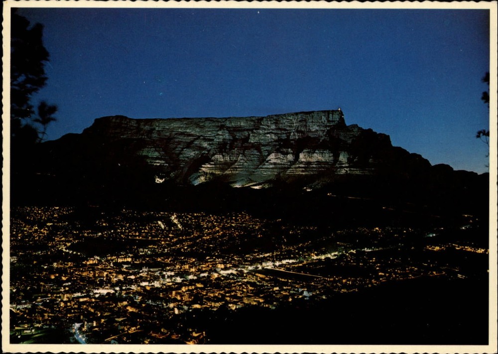 South Africa Cape Town at night below Table Mountain ~ unused postcard sku199